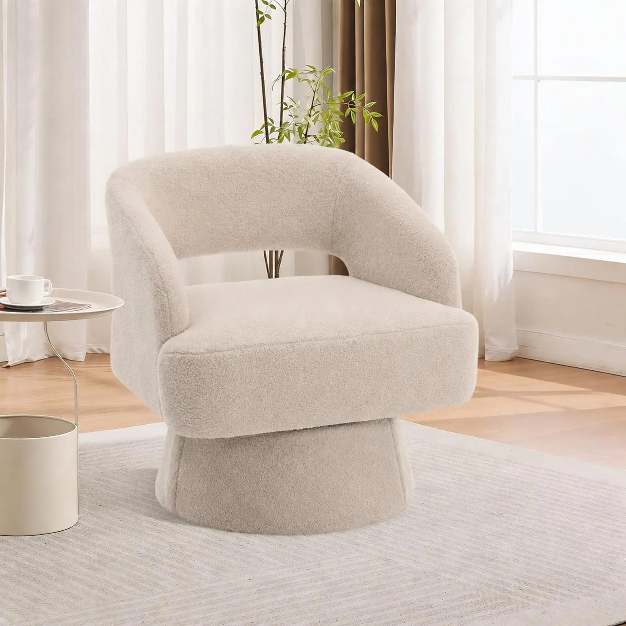 Garvee Modern Swivel Barrel Accent Chair - 1-Piece Soft Upholstered Round Lounge Seat with Hollowed Back, 360° Rotating Base - Vanity Chair for Living Room, Reading Nook, Chair For Vanity