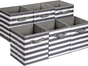 Cube Organizer Storage Bins Handles, Collapsible Fabric, Pack of 6, 10.5"x10.5"x11", White/ Light Grey Stripe