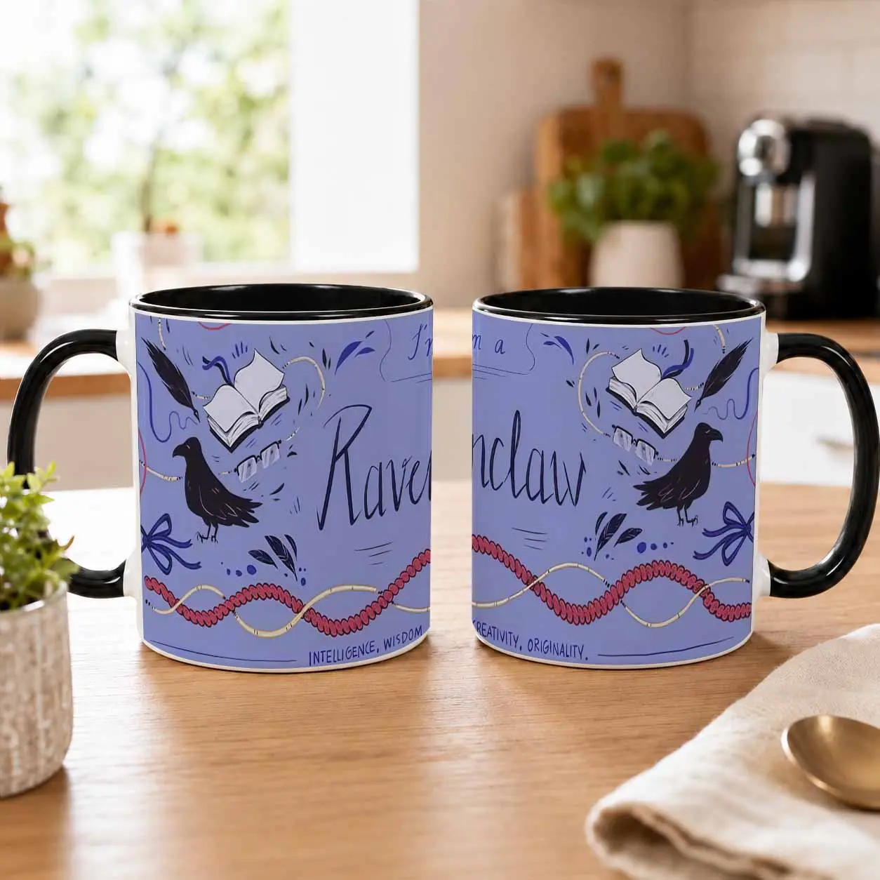 Ravenclaw Fantasy Bookish Ceramic Coffee Mug (11oz/15oz) - Clever Scholar Raven, Open Tome Print, Heat-Sensitive Durable Drinkware, Ideal Academic Gift for Library Study, Birthday/Graduation