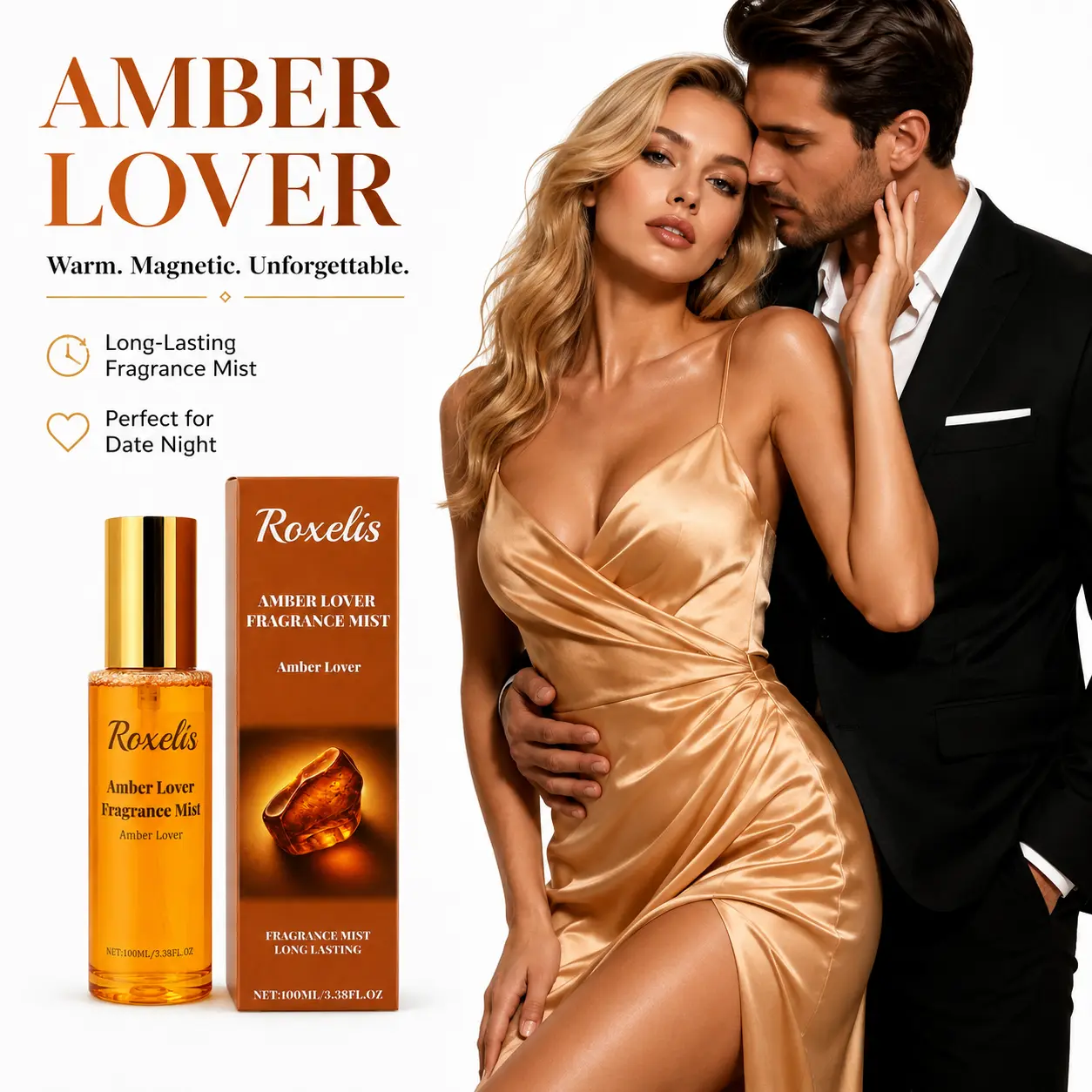 Warm Amber Perfume for Women Long Lasting - Magnetic Fragrance Mist with Irresistible Amber Scent, Signature Perfume for Date Night & Daily Wear, 100ml Luxury Fragrance Gift for Her Girlfriend, Perfect Christmas Gift