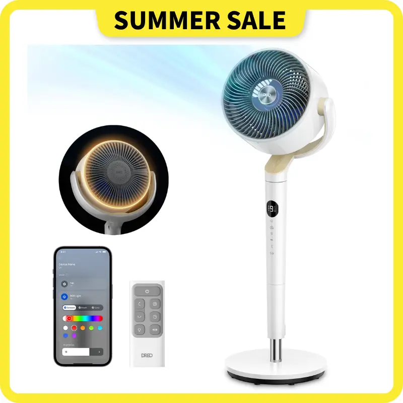 DREO Smart Pedestal Fan for Bedroom, 120°+120° Omni-Directional Oscillation, Quiet 100ft Cooling Fan with RGB Light, 9 Speeds, 6 Modes, 20dB Quiet, 8H Timer, Wi-Fi Voice & Alexa Control, 37-42" Adjustable Height Floor Fan with Remote