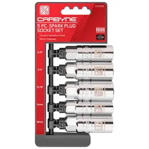 CARBYNE 5 Piece Spark Plug Socket Set, Includes 5/8", 3/4", 13/16", 14mm, 18mm sizes. High Visibility 3/8-Inch Drive SAE & Metric Spark Plug Socket Set - Heat Treated CR-V Steel, Mirror Polish