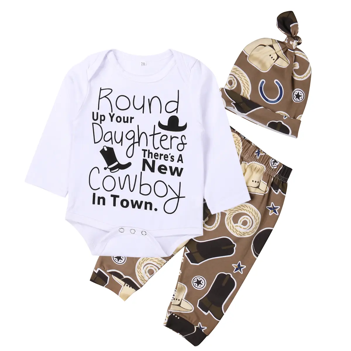 Infant Baby Clothing Sets, 0-18 Months Cowboy Long Sleeve Romper+Long Pants+Printed Hat 3 Pieces Suit Outfit Casual