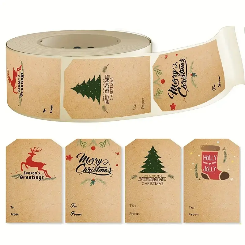Vintage Christmas Stickers Roll, 300 Pieces Cartoon Design, Kraft Paper Labels for Holiday Decorations, Ideal Gifts for All Ages