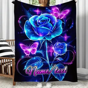 1pc Customizable Dream Rose Flannel Throw Blanket, Personalized Name Lightweight Polyester, Soft and Warm, Digital Print, with No Feathers, for Sofa, Travel, Camping, Office, Couch, Chair, Bed, Ideal Adult Novelty Gift