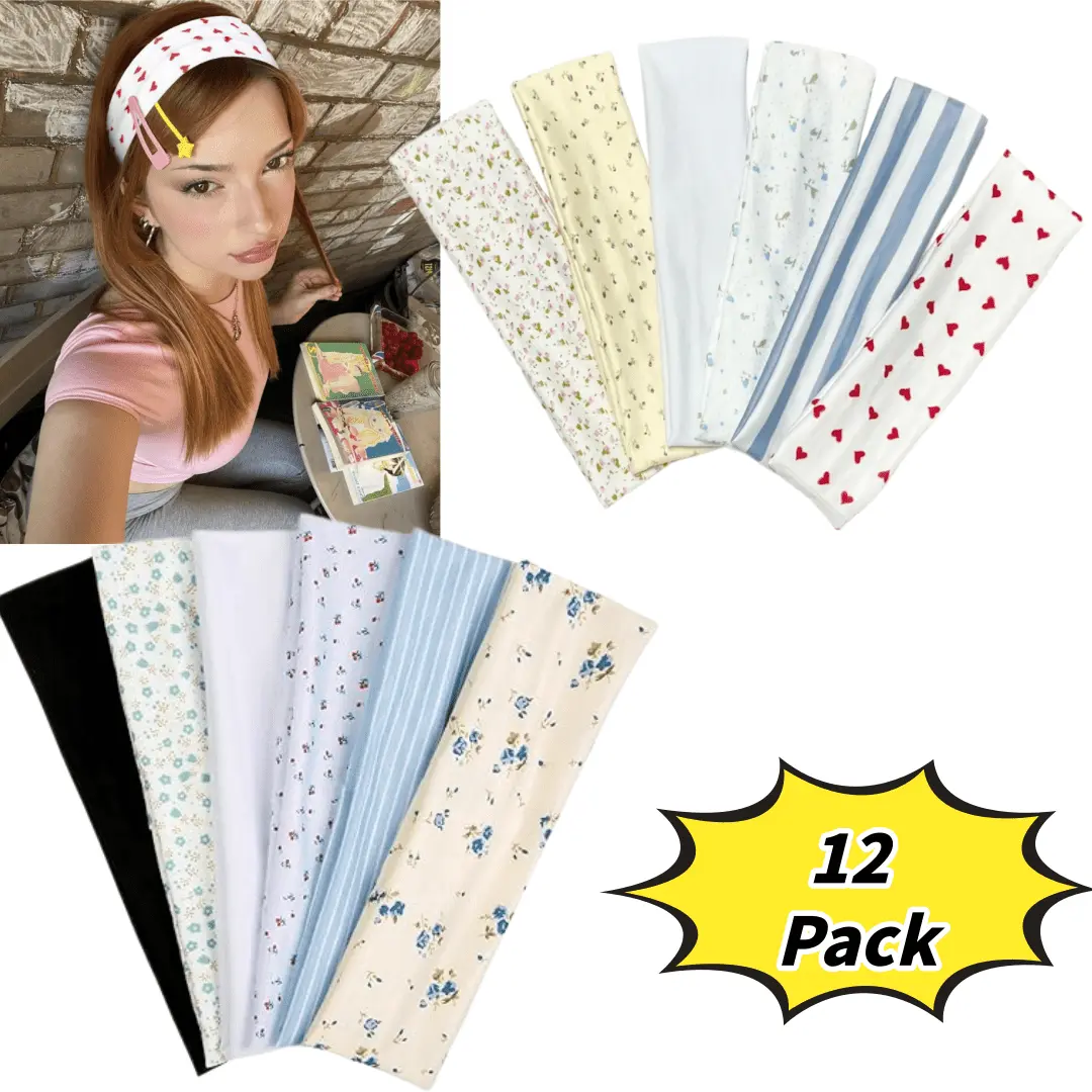 12 Pack Cute Headbands for Women- Heart, Floral& Stripe Print Fashion Hairbands, Soft Elastic Hair Accessories for Daily Wear