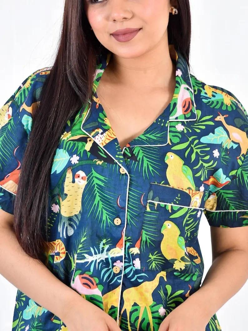 Women's Jungle Print Cotton Short-Sleeve Pajama Set - Hand Block Indian Print, Sleepwear, Loungewear, Pants