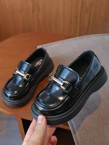 Shiny Loafers Metal Buckle Thick Sole College Style Unisex Kids Leather Shoes, Stylish and Durable Footwear for Boys and Girls, Slip On Shoes