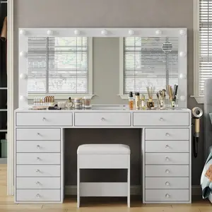 55" W  Desk, Makeup   Charging Station, 15 Drawers  Lighted Mirror, 3 Lighting Modes, Brightness Adjustable, Glass Top,  Table  Chair For Bedroom Vanity with wooden