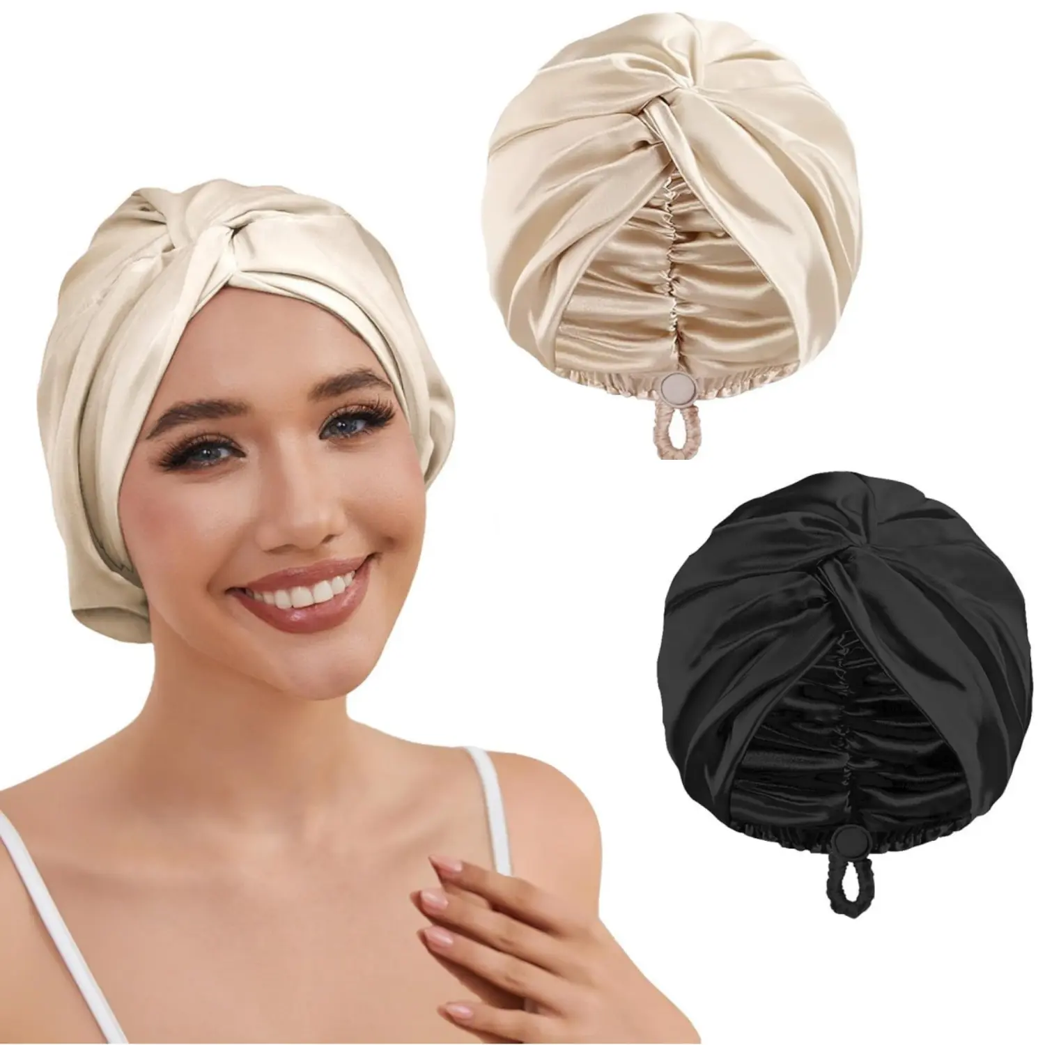 2PCS Adjustable Silk Satin Hair Bonnet for Sleeping Women Hair Wrap, Double Layer Night Turban, Sleep Cap for Natural Curly Straight Unisex