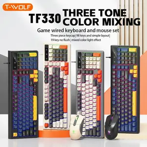 T-WOLF Wired Keyboard and Mouse Combo – Stylish Tri-Color Design, Compact 98-Key Keyboard & 6-Button Ergonomic Mouse, Soft-Touch Keys, Adjustable LED Backlight, Plug-and-Play USB, Perfect for Work & Gaming