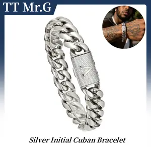 Silver Stainless Steel Cuban Link Bracelet for Men, 14mm Heavy Chain with A–Z Initial Letter Clasp, Gothic Punk Hip Hop Style, Personalized Modern Gift for Him
