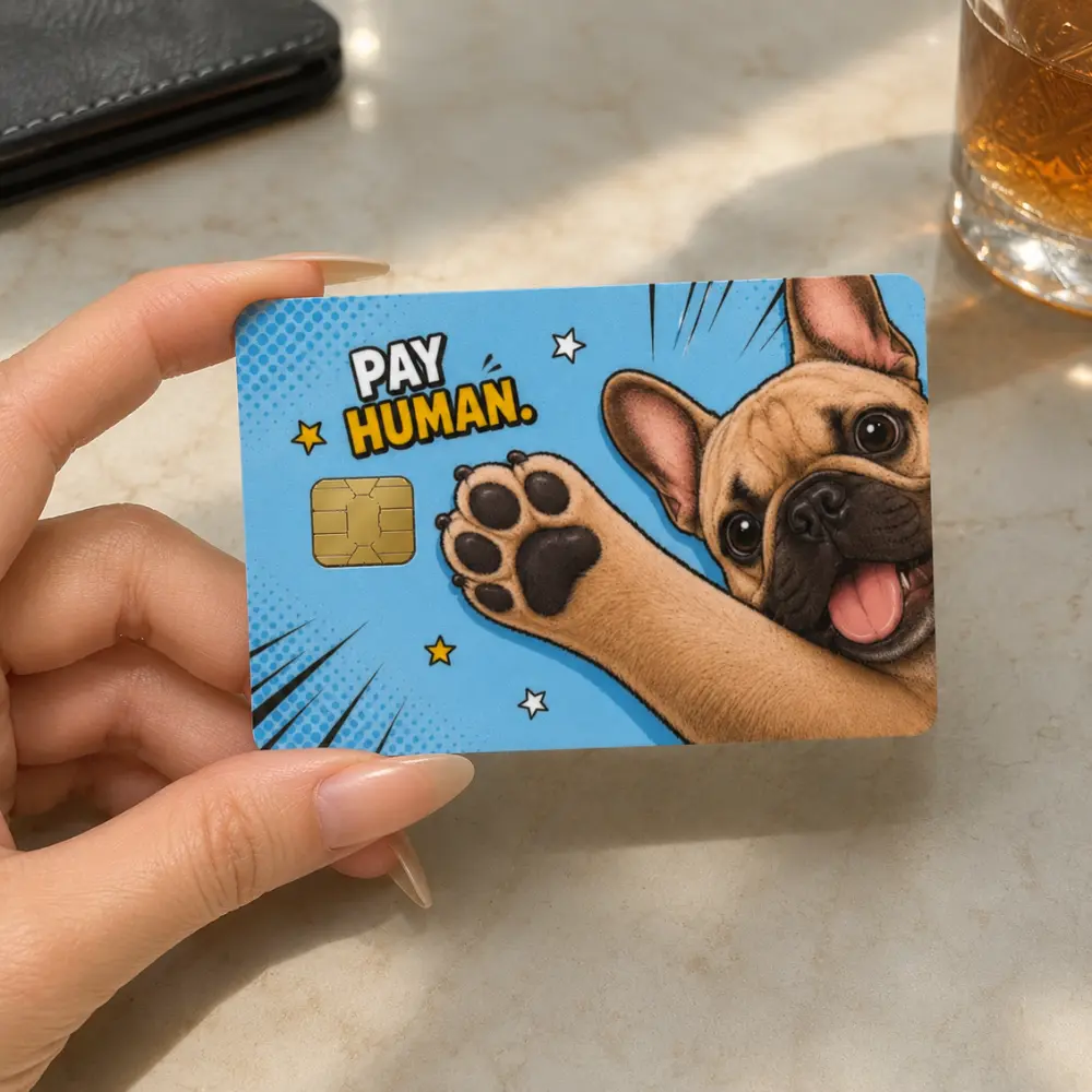 Funny French Bulldog Credit Card Skin Sticker, Pay Human Dog Card Cover, Cute Frenchie Debit Card Decal, Funny Dog Lover Gift
