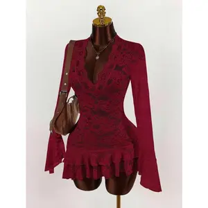 Deep V Neck Burgundy Mini Dress With All Over Lace And Long Flare Sleeves,Party Dress