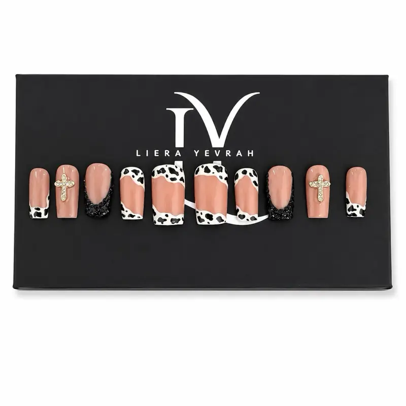 Cow Print Cross Press-On Nails | Black White & Nude Bling Nail Set Large