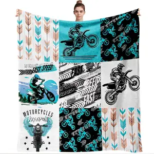 270G Flannel Blanket with Off Road Motorcycle Pattern Thick Warm Riding Element Printed Throw for Bedroom Sofa Decorative Quilt Youth Boys Gift Soft Cozy Biker Theme Blanket for Home Decoration