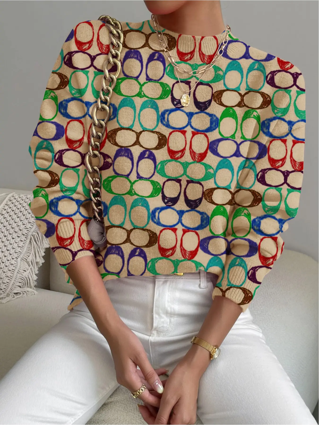 Women's Geometric Pattern Colorblock Sweater, Casual Long Sleeve Knit Top, Fall Winter Fashion, Comfortable and Warm, Knitwear