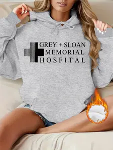 Women's Casual Sloan Memorial Hospital Letter Print Hoodie with Front Pocket, Loose Fit Thick Fabric Fall & Winter Pullover Sweatshirt