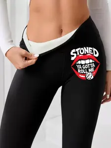 Women's High Waist Printed Fleece Lined Leggings, Lip Dice Pattern, Warm Thickened Daily Wear Sport Fitness