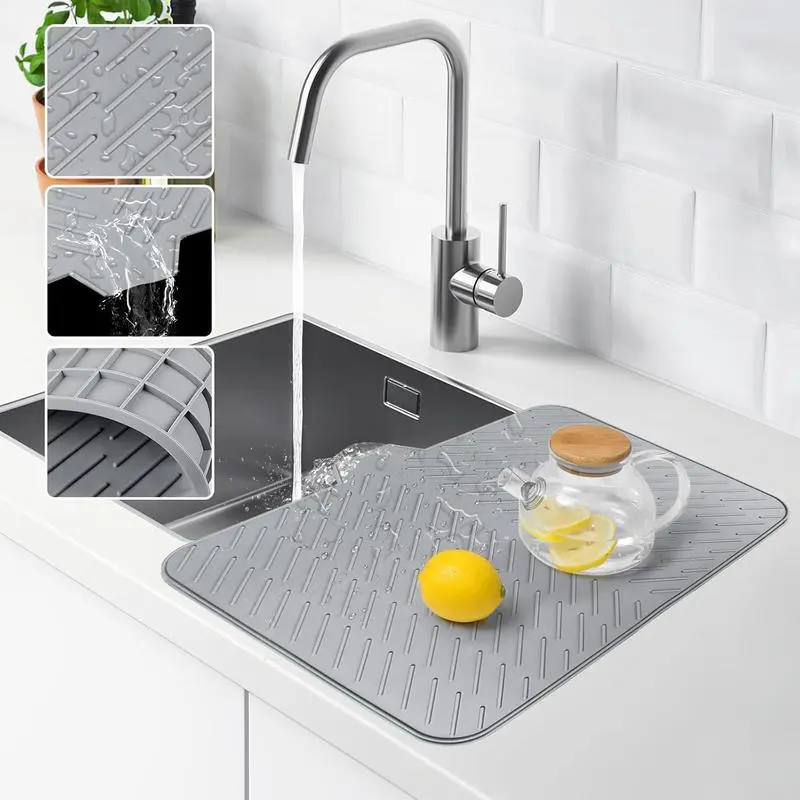 Large Rectangular Silicone Dish Drying Mat with Built-in Drain Lip, Easy-Clean, High-Temperature Resistant Kitchen Counter Mat & Tableware Coaster