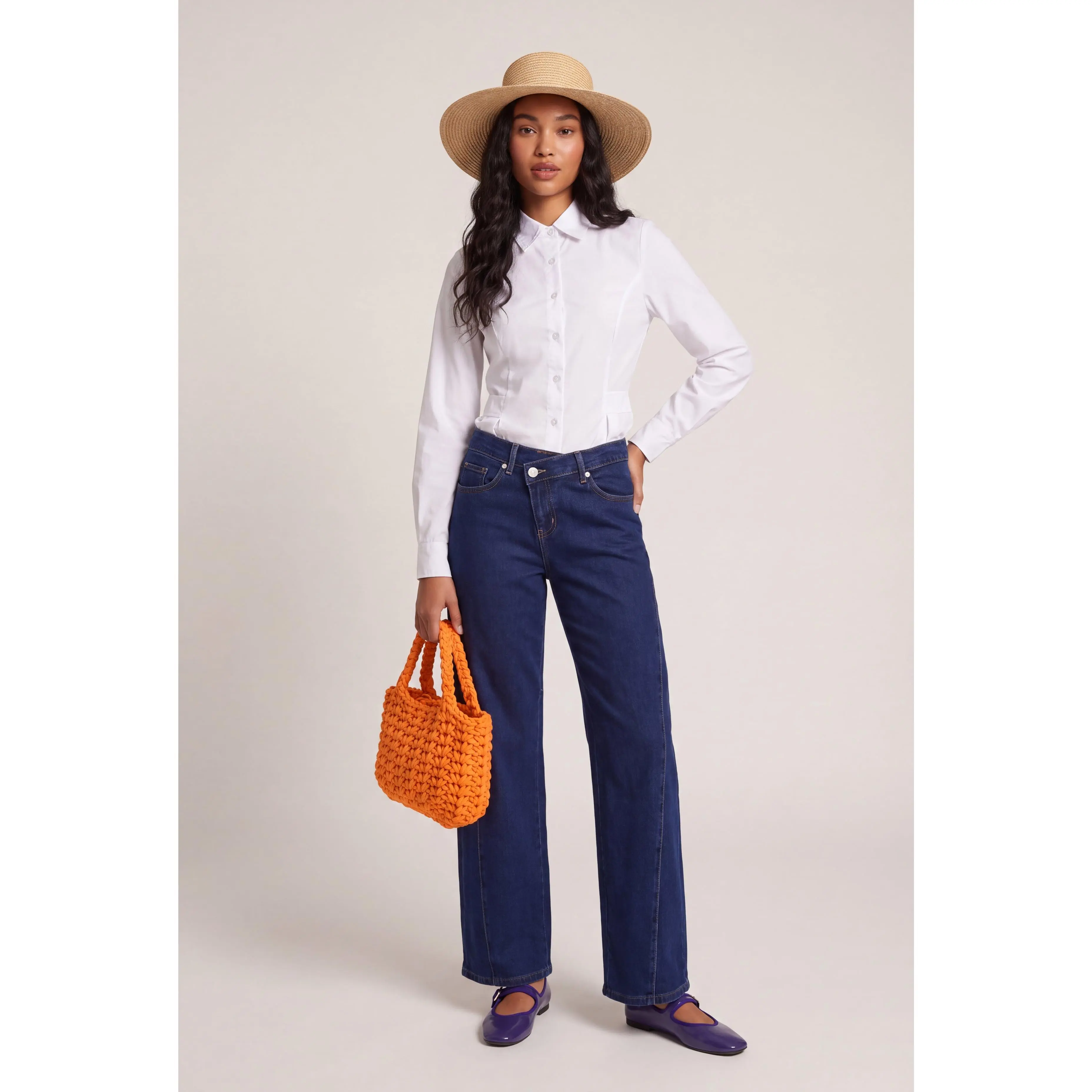 Crossover Wide-Leg Pintuck Jeans