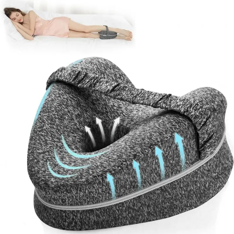 Heart-shaped, soft memory foam knee pillow, Sleep Cushion, specifically designed for side sleepers, providing support for the hips and legs. Features adjustable straps for comfortable leg support for side sleepers, and is removable and washable.