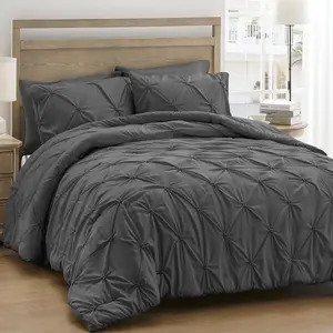 Queen Comforter Set Dark Gray - Soft Boho Pintuck Down Alternative Bedding Set for All, 3 Pieces Lightweight Warm Pleat Bed Set with Comforter, 2 Pillowcases