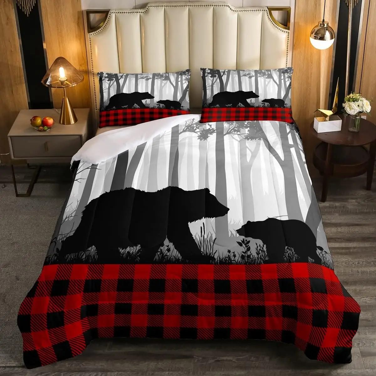 Feelyou Full Size Bedroom Bedding Set - Rustic Red Black Buffalo Check, Farmhouse Wild Bear, Breathable Retro Plaid, Decorative Duvet Set, Decorative Bedding Set