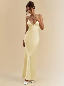 KINLANMAN Apricot & White Deep V-Neck Spaghetti Strap Super Long Backless Tie Satin Mermaid Dress