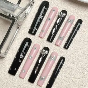 Extra Long Square Fake Nail Tips with Nail Tools, 10pcs/set Y2K Style Rhinestone Decor Nail Art Design Press on Nails, Elegant Stick on Nails Kit for Women & Girls