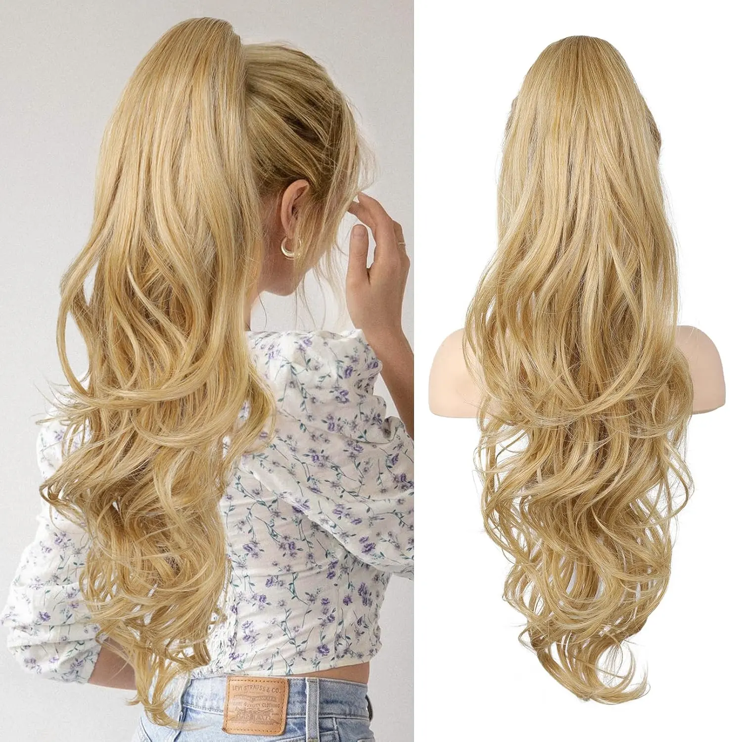 Ponytail Extension for Women, 26 Inch Long Wavy Synthetic Hair in Highlighted Golden Blonde, Claw Clip with Seamless Blend and Clip-On Ease, Wavy Texture