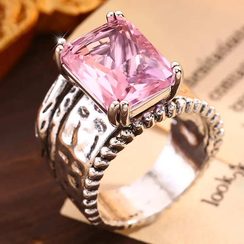 Vintage Statement Ring for Women, Glamorous Copper Jewelry with a Geometric Pink Emerald Cut Stone for Everyday & Party Wear, Antique Inspired, Elegant, Female, Statement Piece