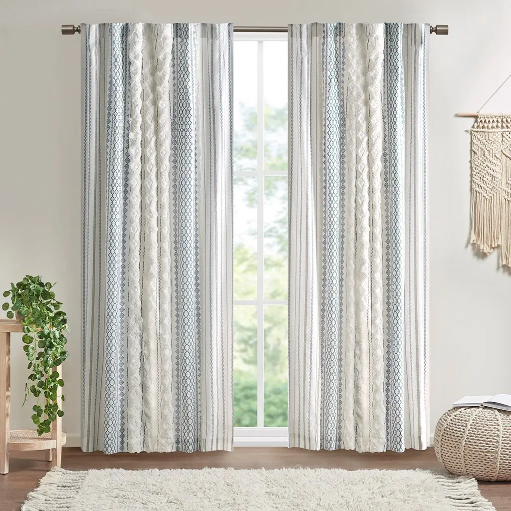 Cotton Curtain Panel with Chenille Stripe and Lining, White/Navy, 50x84 Inches, Rod Pocket & Back Tab, Light Filtering, Single Panel, for Living Room, Bedroom, Bathroom, Oeko-Tex Certified, Machine Washable