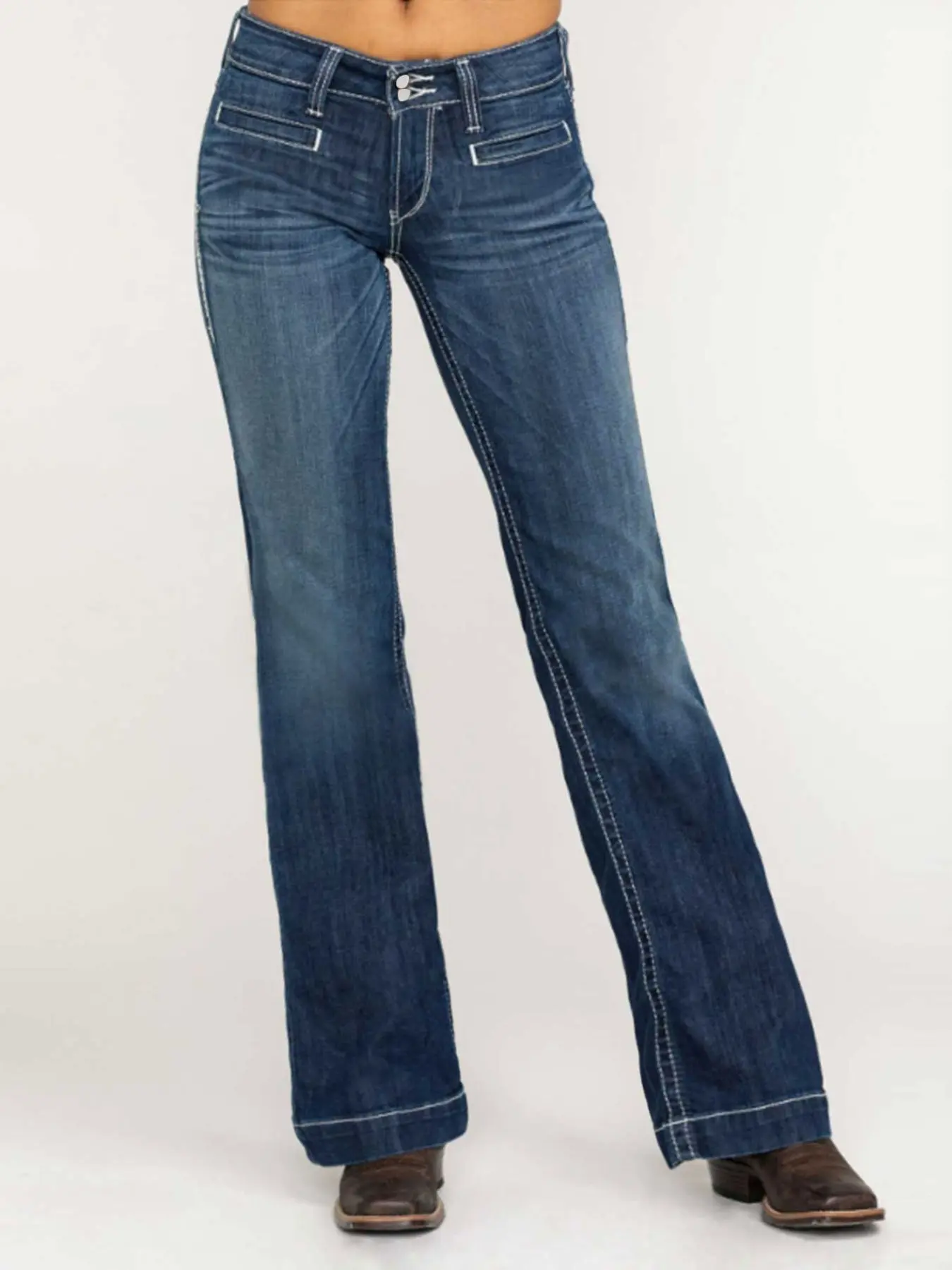 Spring Summer Western Bootcut Jeans Women | Mid Rise Stretchy Dark Wash Flare Cuffed Denim with Embroidered Pockets | Cowgirl Style for Rodeo Country Concert Daily Wear Loose Denim Pants