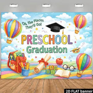 Summervibes A 2D Rainbow Hot Air Balloon Backdrop for Preschool Graduation Featuring The Phrase "Oh, The Places They'Ll Go!", Black Graduation Caps, Rainbow Striped Hot Air Balloons, Red Backpacks, Colorfu, Banners, Birthday