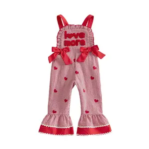 Kids Girls Overalls, Plaid Heart Letters Flare Pants Bowknot Valentine’s Day Clothes for Casual Daily
