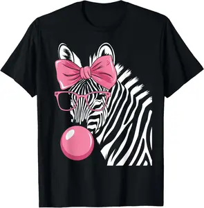 100% Cotton Zebra Wearing Glasses and Blowing Pink Bubble Gum T-Shirt
