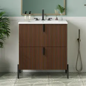 Christopher Knight Home ® 30" Bathroom Vanity with Ceramic Sink, Equipped with Vertical Pulls and Full-Extension Drawers, Freestanding Bathroom Vanity with Soft Close Drawer Slides, Fluted Design, Dark Brown