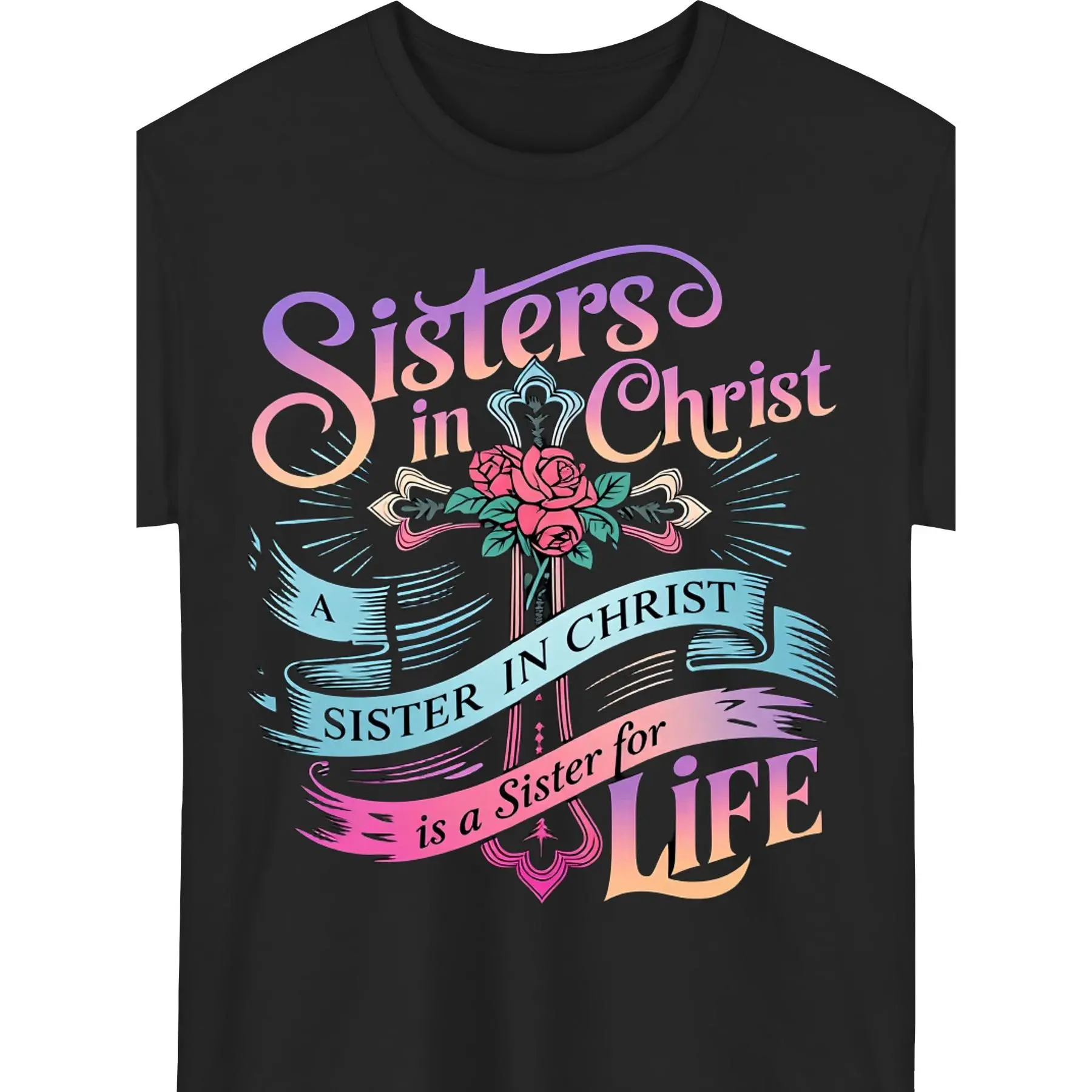 Sisters in Christ T-Shirt, Casual Short-Sleeve Round Neck Religious Top with a Floral Cross Print for Christian Women, Plus Sizes, Tshirt, Shortsleeve, Chic