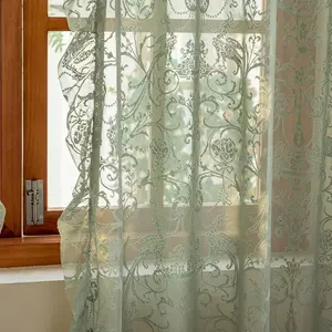 Sage Green Lace Curtains 63 Inch Length - CottageCore Sheer Curtains for Bedroom, Cute Floral Frilly Scalloped Edges Light Filtering Rod Pocket Green Drapes 2 Panels, 59 x 63 Inch Sage Green