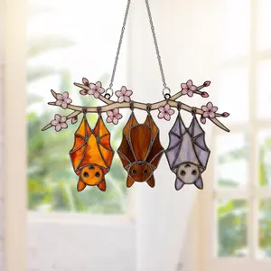 Hanging Bats and Peach Blossom Suncatcher, Stained Glass Style Acrylic Window Decor