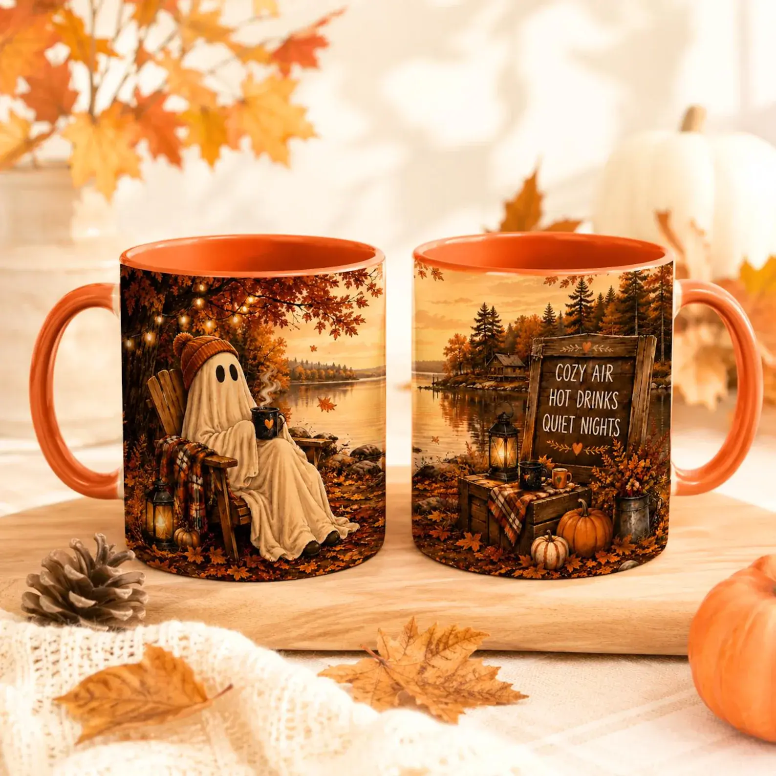 Halloween Cozy Ghost Accent Mug - Cute Ghost Drinking Coffee By Autumn Lake With Cozy Air Hot Drinks Quiet Nights Quote Pumpkin Lantern Fall Leaves Ceramic Coffee Mug 11oz 15oz , Autumn Kitchen Decor , Spooky Season Gift For Coffee Lovers