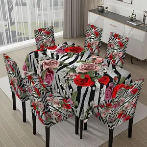 5/7-piece 2D Flat Printing Pink Flower Pattern Zebra Pattern Printing Pattern Tablecloth and Chair Cover Set, for dining table and chair decoration, perfect for home, holiday gatherings, restaurants, and parties.
