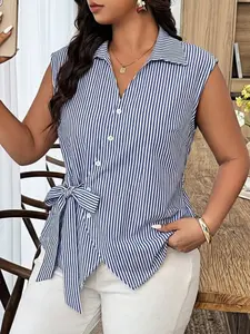 Plus Size Women's Casual Summer Collared Striped Shirt, Split Button Design with Bow Tie, Short Sleeve Daily Wear Top
