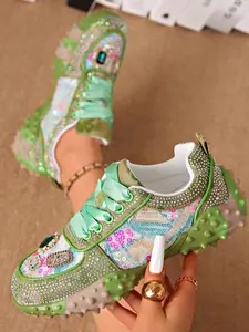 Women's New Rhinestone Dad Shoes, Mesh Breathable Water Drill Thick Sole Height Increase Casual Sports Shoes