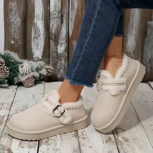 Women's Mini Snow Boot Plush Platform Slippers Soft Lined Buckle Strap House Shoes Indoor Outdoor