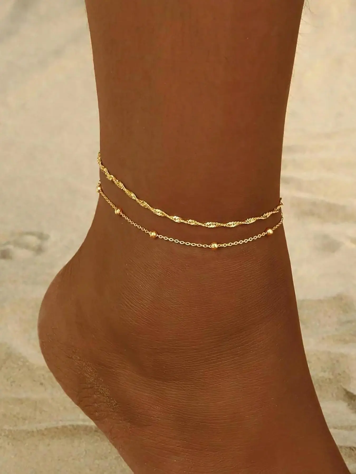 2 Pcs Women's Waterproof Cuban Chain Anklet Beaded Bracelet Stackable Jewelry, 14k Custom Gift, Personalized Jewelry Gift, Fade-Resistant Lightweight, Fashionable Jewelry Accessories
