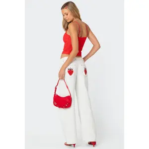 Strawberry Bow Pocket Low Rise Baggy Jeans