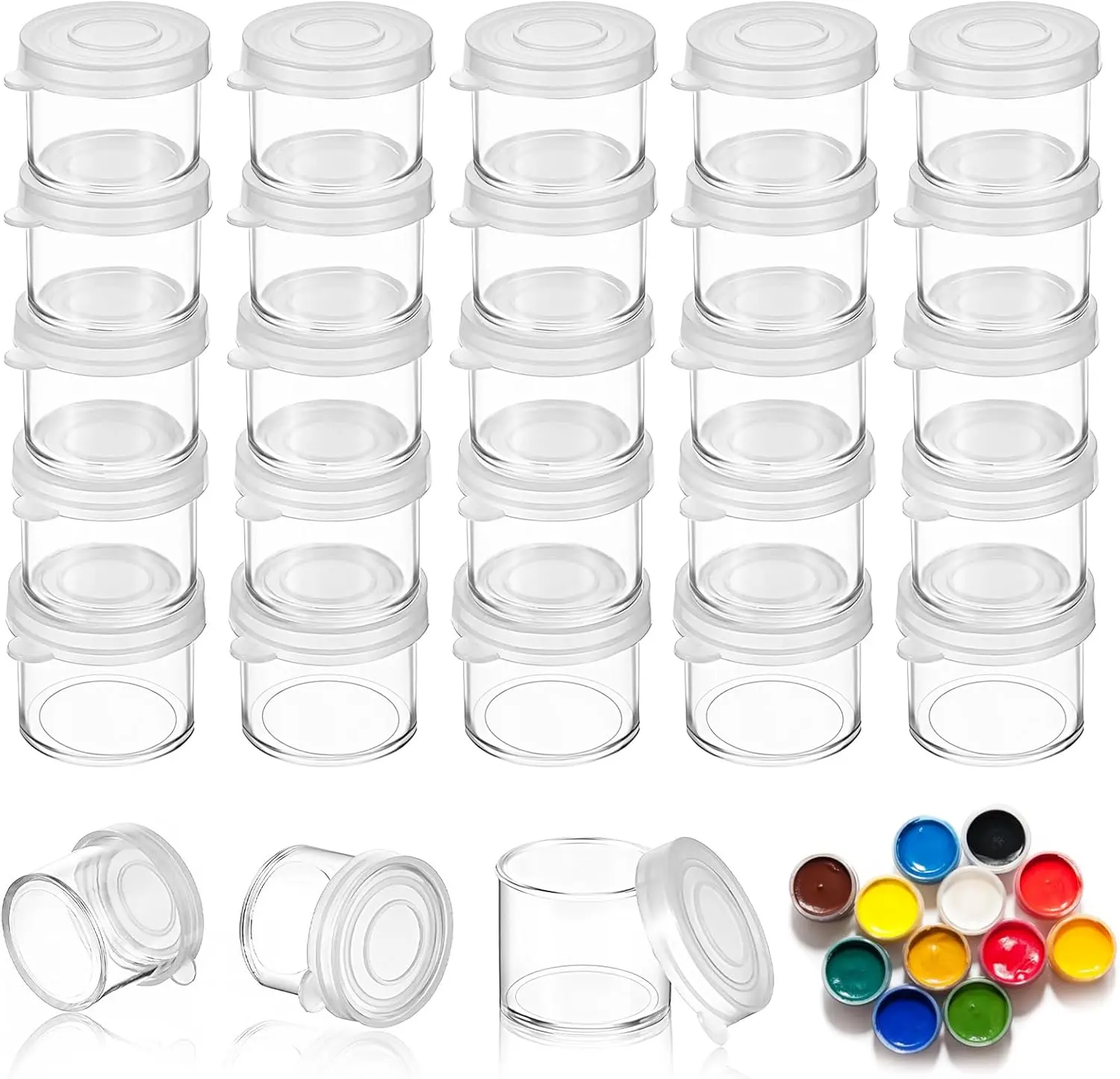 25-Pack Bulk Small Size Bisphenol A Free Transparent Plastic Paint Pots (10 ml/0.34oz) - Leak-Proof Snap Lid, Lightweight, Stackable, Portable, Reusable Organiser Storage Containers for DIY Craft, Classrooms