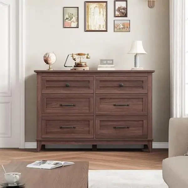 GARVEE Wide 6-drawer wooden chest of drawers for bedroom – Rustic design – Ample storage space, freestanding, as a TV cabinet or wardrobe – For living room, hallway or children's room – Color: Brown